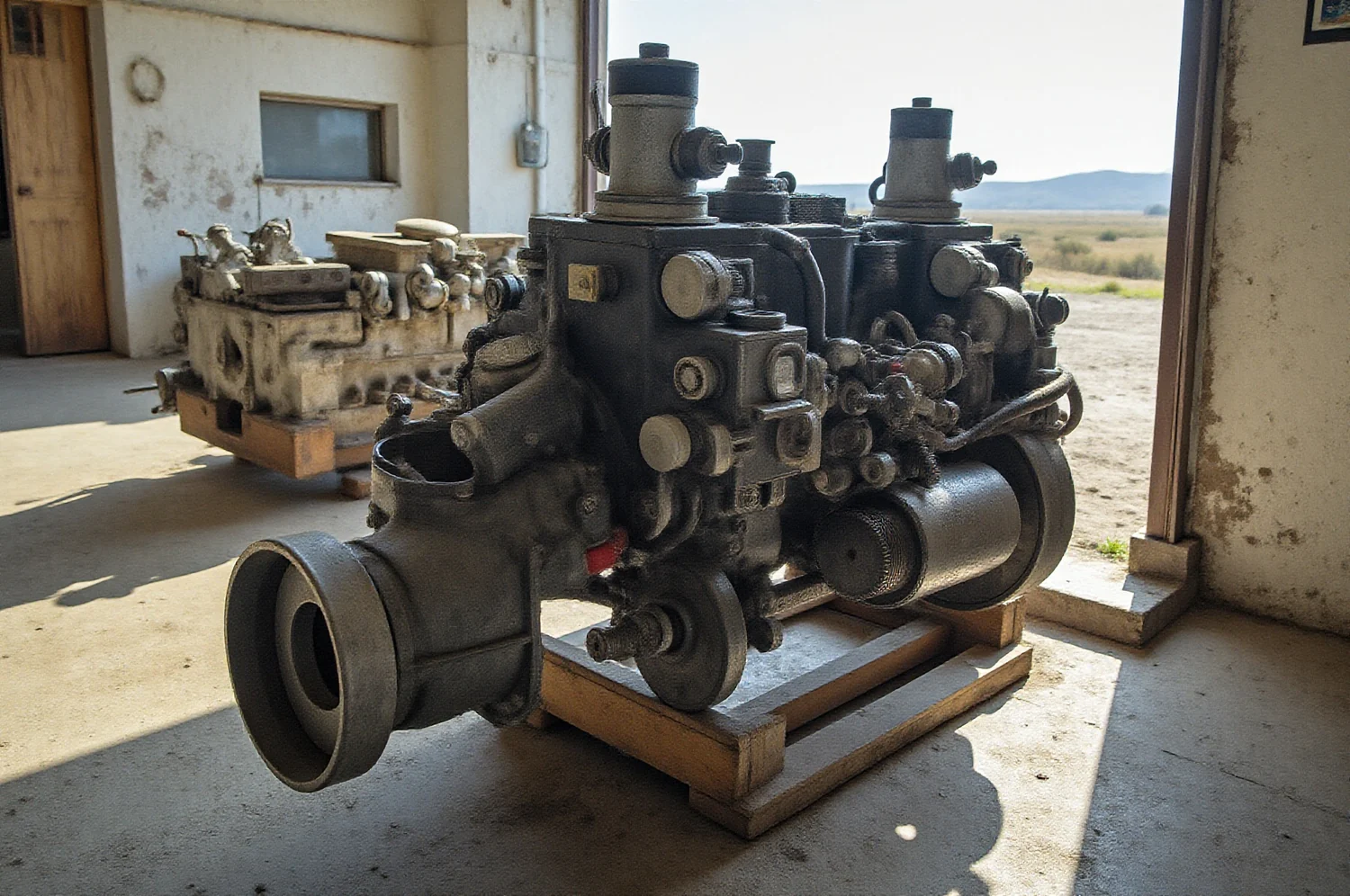 Motor antiguo desarmado sobre un soporte